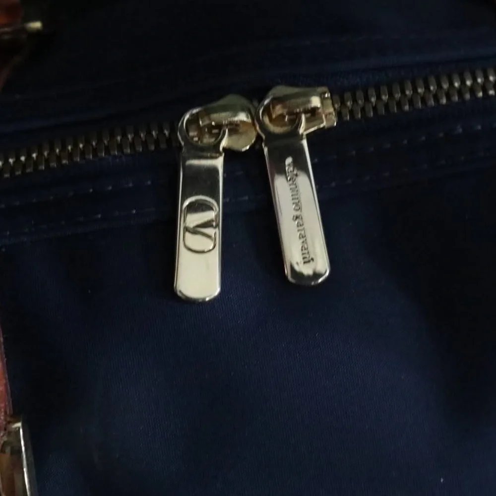 Valentino Garavani Navy and Brown Leather-Trim Duffel Bag